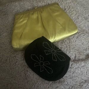 Gold Satin Clutch and Black Beaded Coin Pouch Set